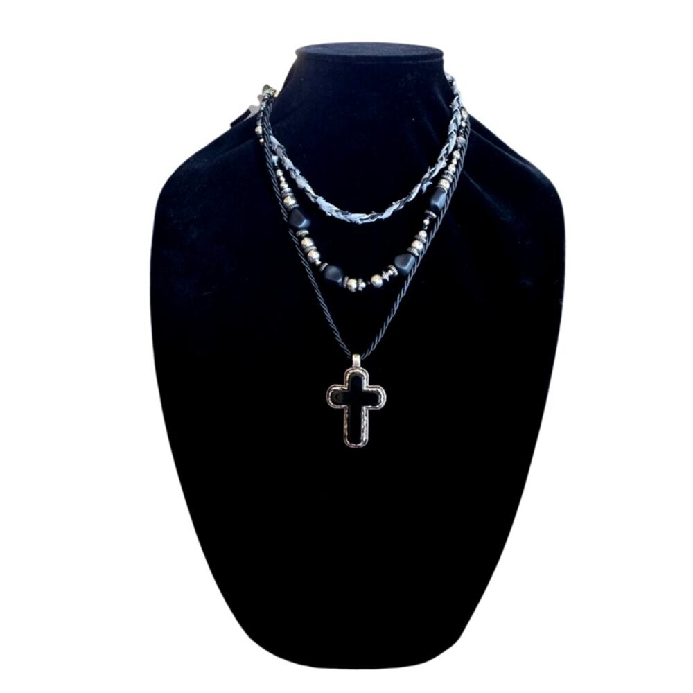 Free People Layered Necklace – Black & Silver Multi‑Strand (NWT)